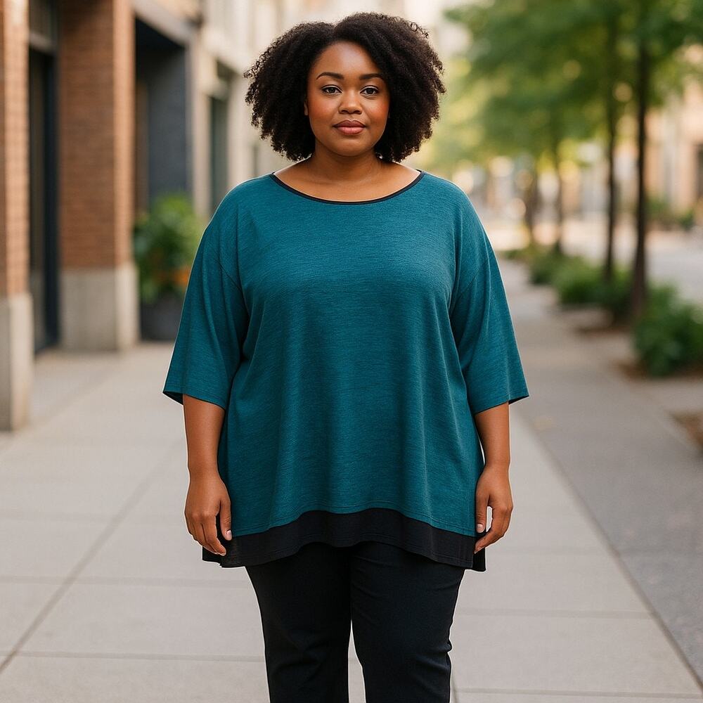 Worthington Womens Top Sz 2X Teal Black Space Dye Deep Turquoise NEW NWT